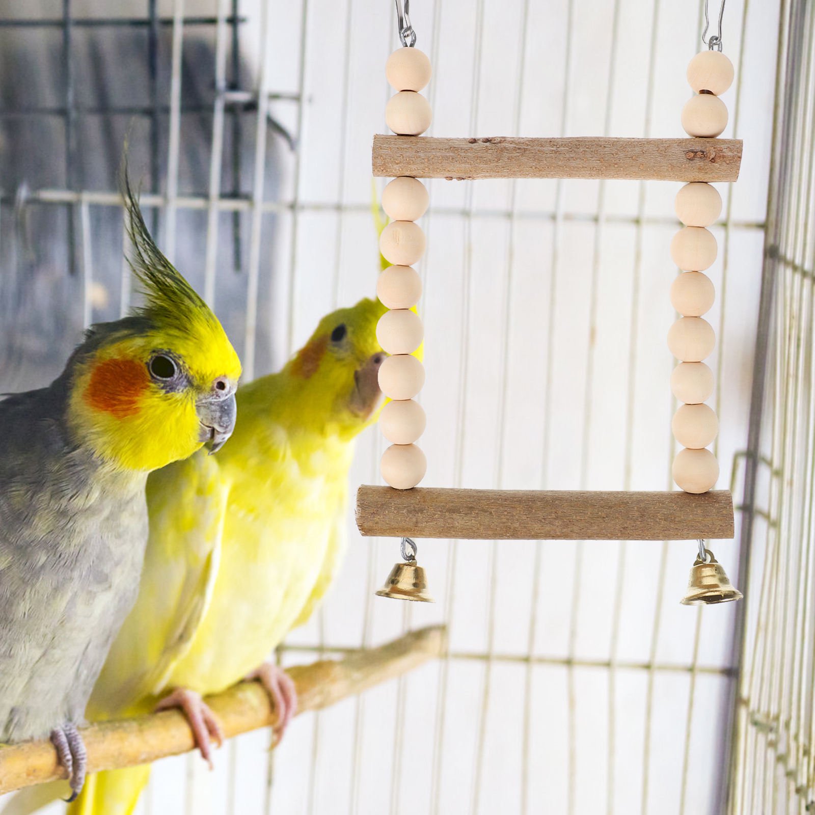 OFFIGAM Bird Cage Swing with Bells, Double Tier Wooden Perch for Parrots