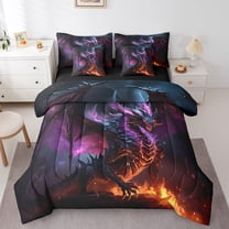 Magical Dragon Bedding Twin Size 7pcs Wild Animal Comforter Set, Purple Lightning Bedding Comforter Sets Flame Fire Bed in a Bag, 3D Dragon Bedding Accessories Teen Adult Magic Theme Decor