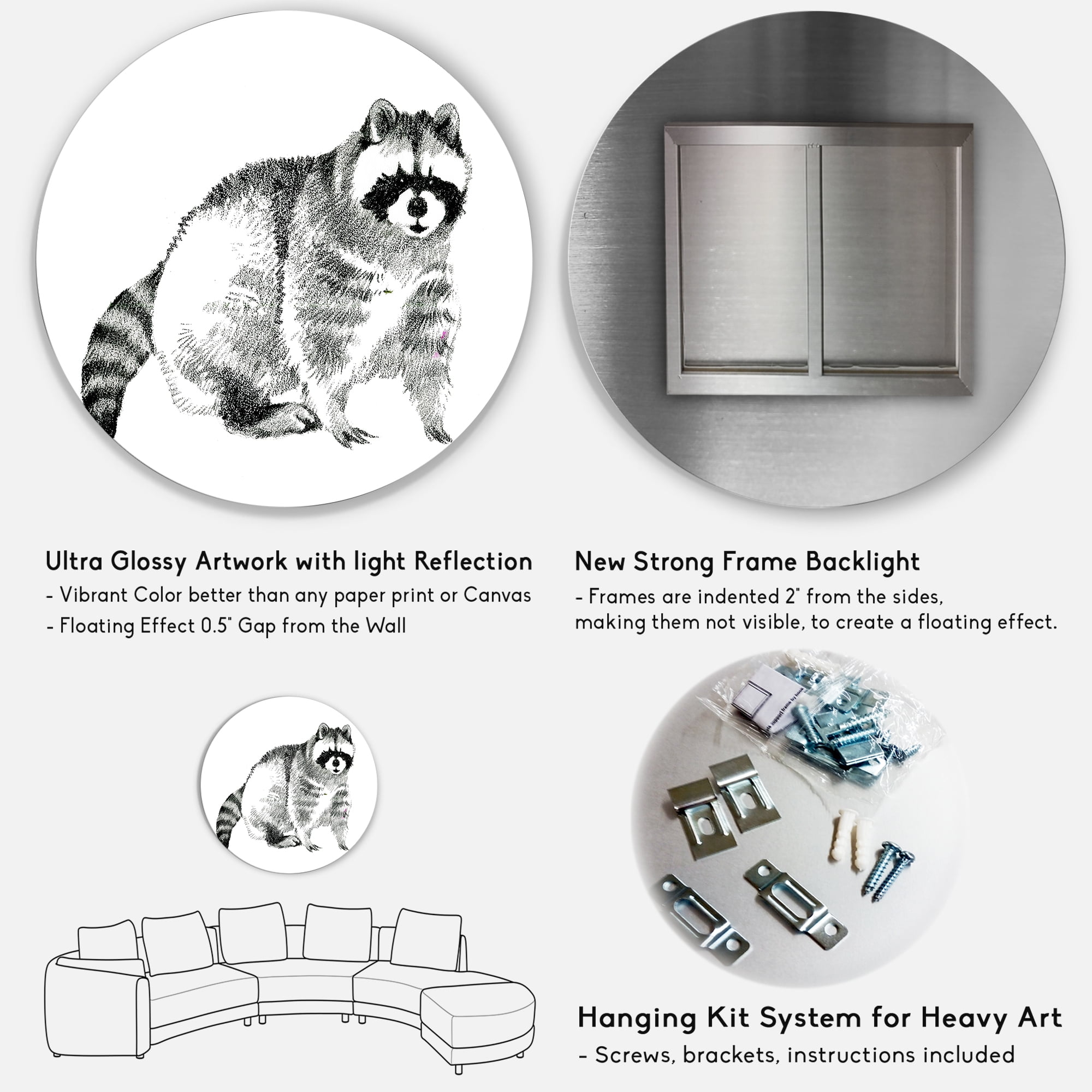 Designart 'Black and White Portrait Of Raccoon' Farmhouse Circle Metal Wall Art 29x29 - Disc of 29