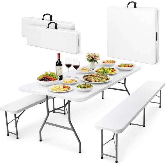 EconoHome 6 Ft White Plastic Folding Table Set with 2 Benches – Heavy-Duty Picnic Table & Bench Set, Space-Saving, Indoor/Outdoor, Seats 6-8, Easy Storage & Transport