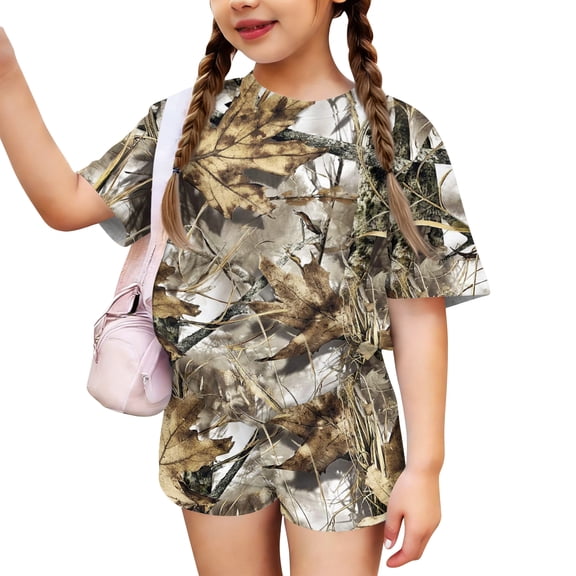 Abcomgle Girls Two Piece Sets 10-12 Camo Short Sleeve Tee Top and Elastic Waist Shorts Cute Y2K Girls Outfits