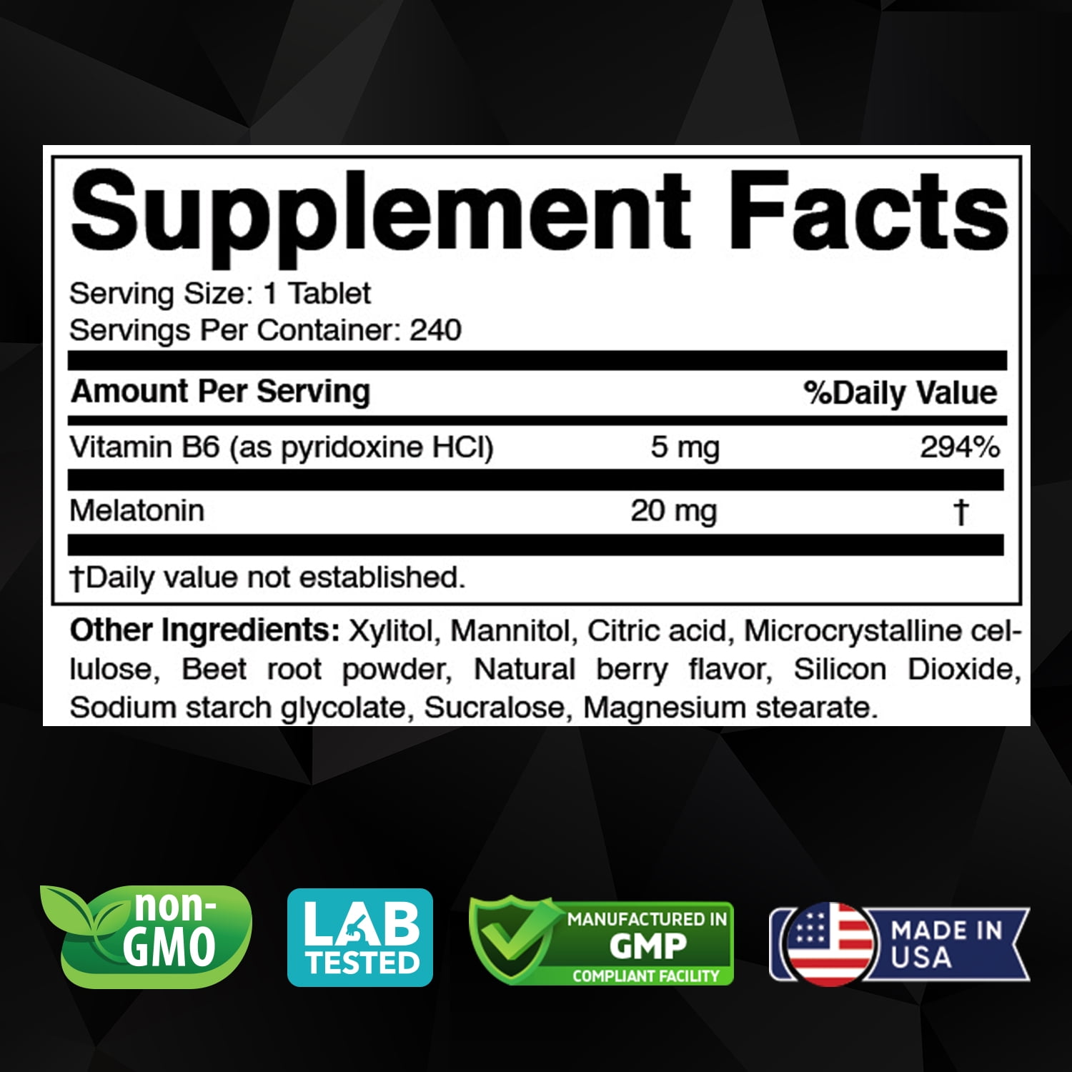 Melatonin 20mg - 240 Fast Dissolve Tablets - Drug Free - Natural Berry Flavor - Vegetarian, Non-GMO, Gluten Free by Vitabod (240 Count (Pack of 3))