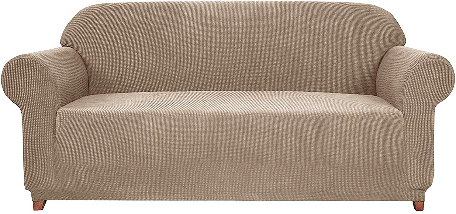 Butterfly Pattern Stretch Sofa Slipcover 3 Seater Microfiber Sofa Cover 1-Piece Couch Cover Washable Furniture Protector with Non Skid Foam and Elastic Bottom Kids Pets 3-Seat Sofa Beige