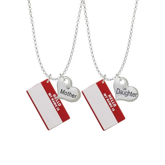 Delight Jewelry Acrylic Red "Hello" Name Tag Mother & Daughter Heart Necklaces (Set of 2), 19"+2"