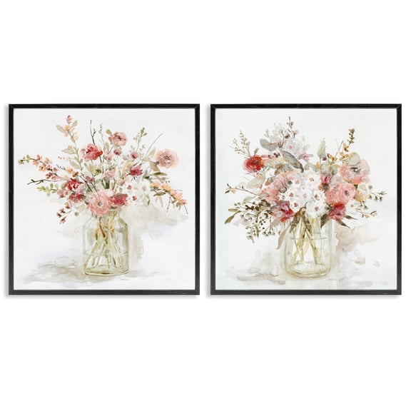 Stupell Industries Delicate Watercolor Bouquets in Glass 2 Piece Black Framed Giclee Art Set, design by Carol Robinson