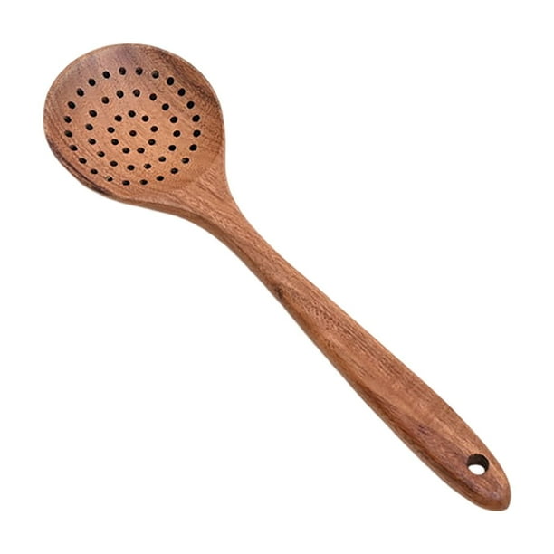 Utensilio De Cocina De Madera Cuchara Ranurada De Teca Para Cocinar Colador De Madera Natural Cuchara Con Agujeros Cuchara Coladora De Teca Con Mango Largo Y Dientes Para Colar Y Escurrir Huevos Y C