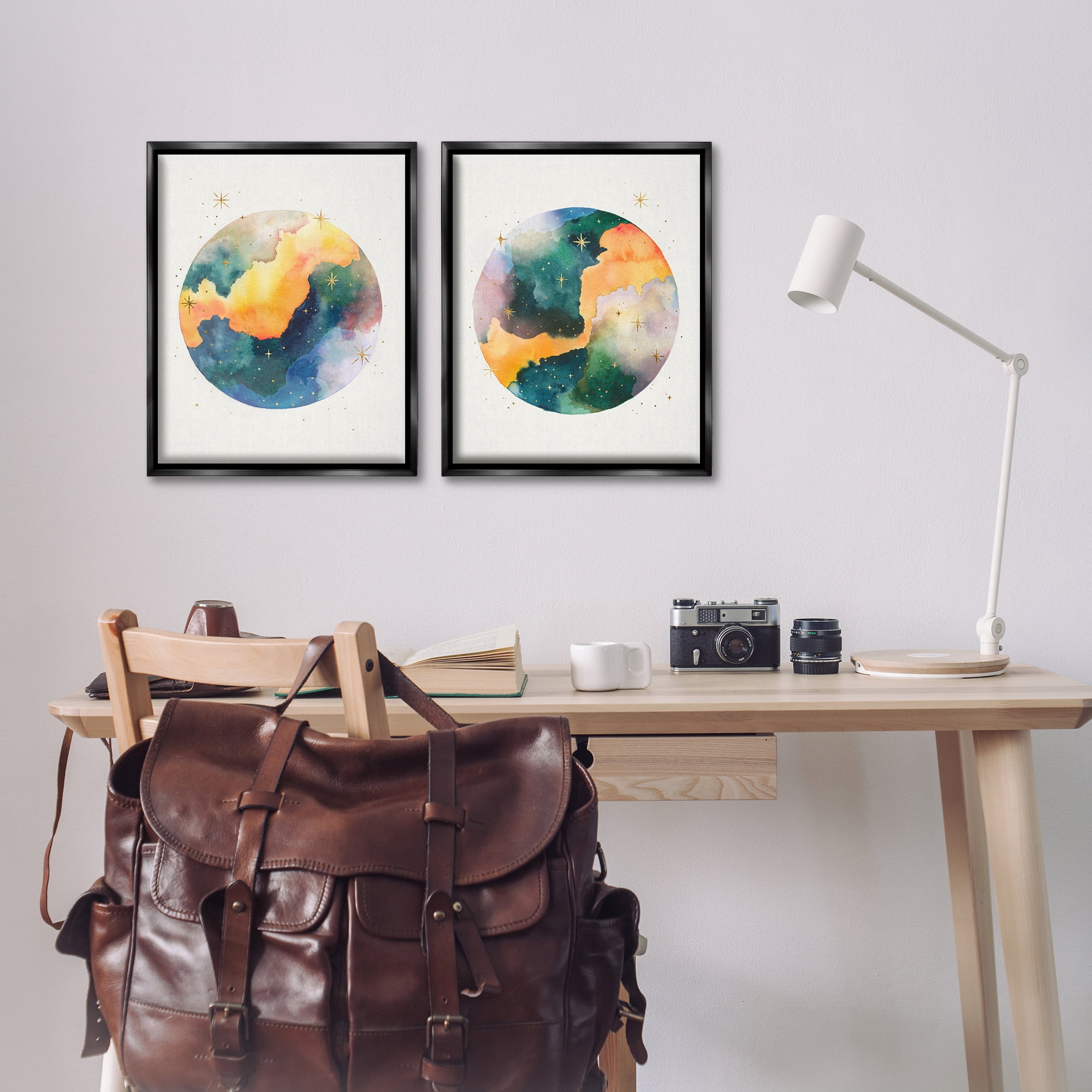 Stupell Industries Outer Space Round Galaxies Astrology & Stars Painting Black Floater Framed Canvas Art Print Wall Art, 17 x 21, Set of 2