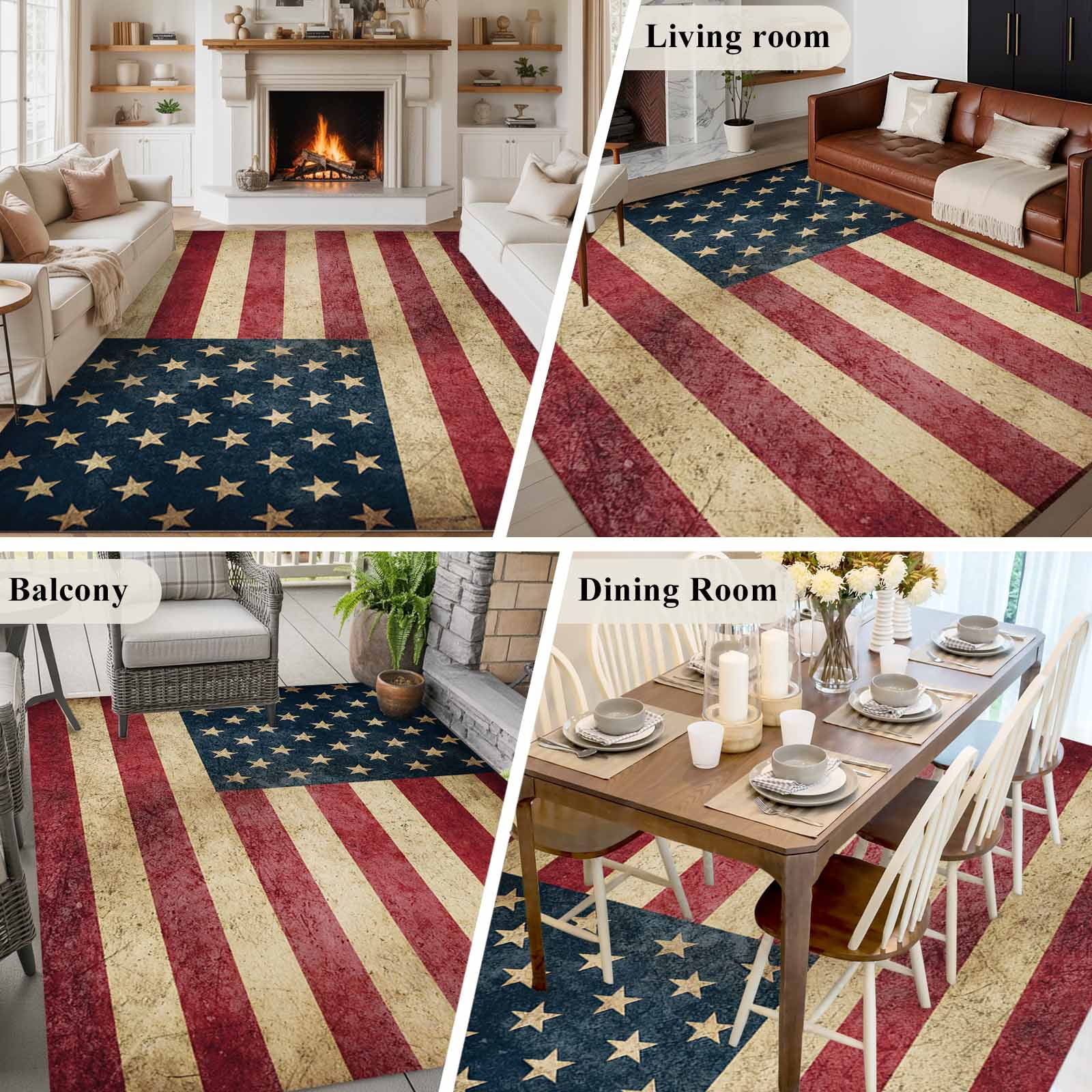 4th of July Area Rugs 8'x10', Washable Small Throw Rugs for Living Room Patio, Independence Day Farmhouse American Flag Indoor Outdoor Rug Non-Slip Low Pile Carpet Runner Reversible Floor Mats