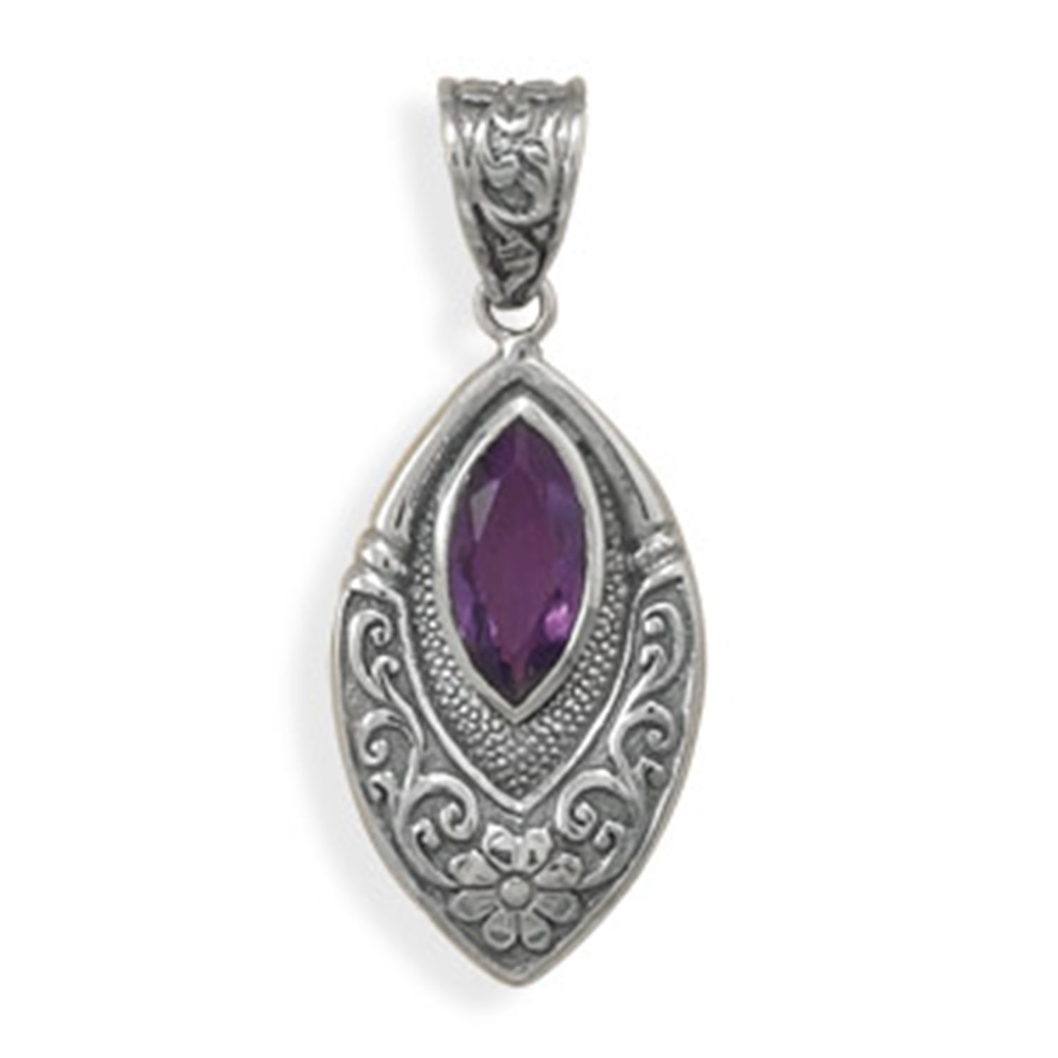 Amethyst Marquise Necklace Flower and Ribbon Design Antiqued Sterling Silver by unknown