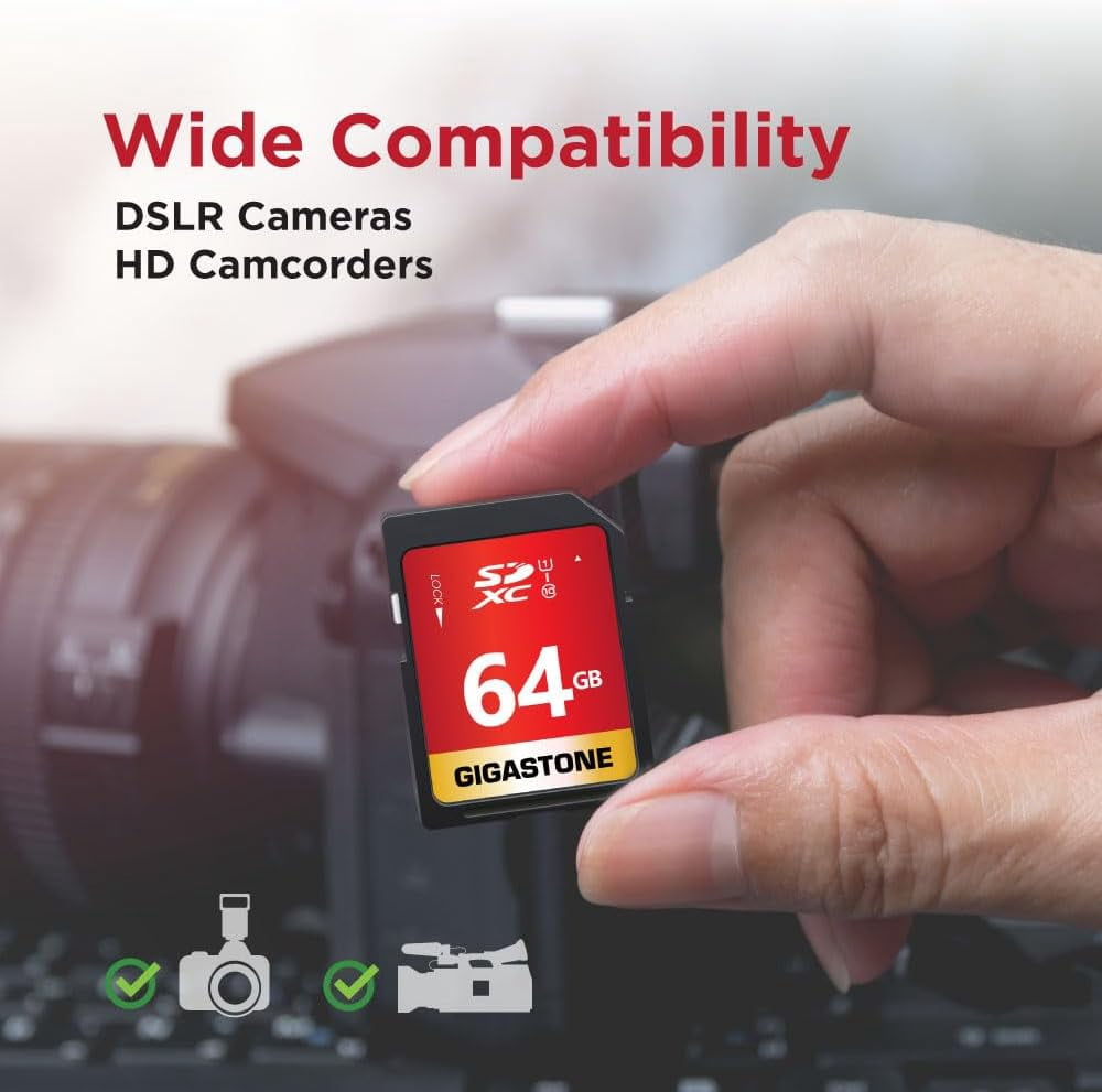 Gigastone 64GB SD Card V30 SDXC Memory Card High Speed 4K Ultra HD UHD Video Compatible with Canon Nikon Sony Pentax Kodak Olympus Panasonic Digital Camera - GS-SDXC80U1-64GB-R