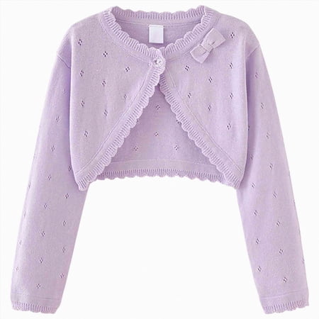 TOWED22 Girls Open Front Shrug Cardigan Kids Children Knit Long Sleeve Bolero with Button Closure Purple 3-4 Y