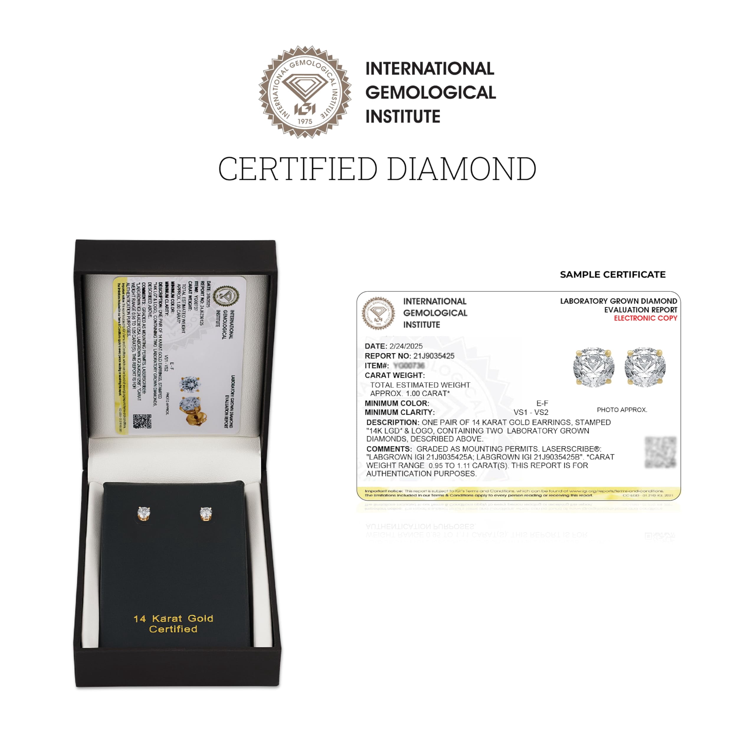 Gilded 1 Carat Total Weight IGI Certified Lab-Grown Diamond 14KT Yellow Gold Stud Earrings for Women| Hypoallergenic Fine Gold Jewelry|4-Prong Basket, Push Back Nut|VSI1 Clarity, E-F Color, Round Cut