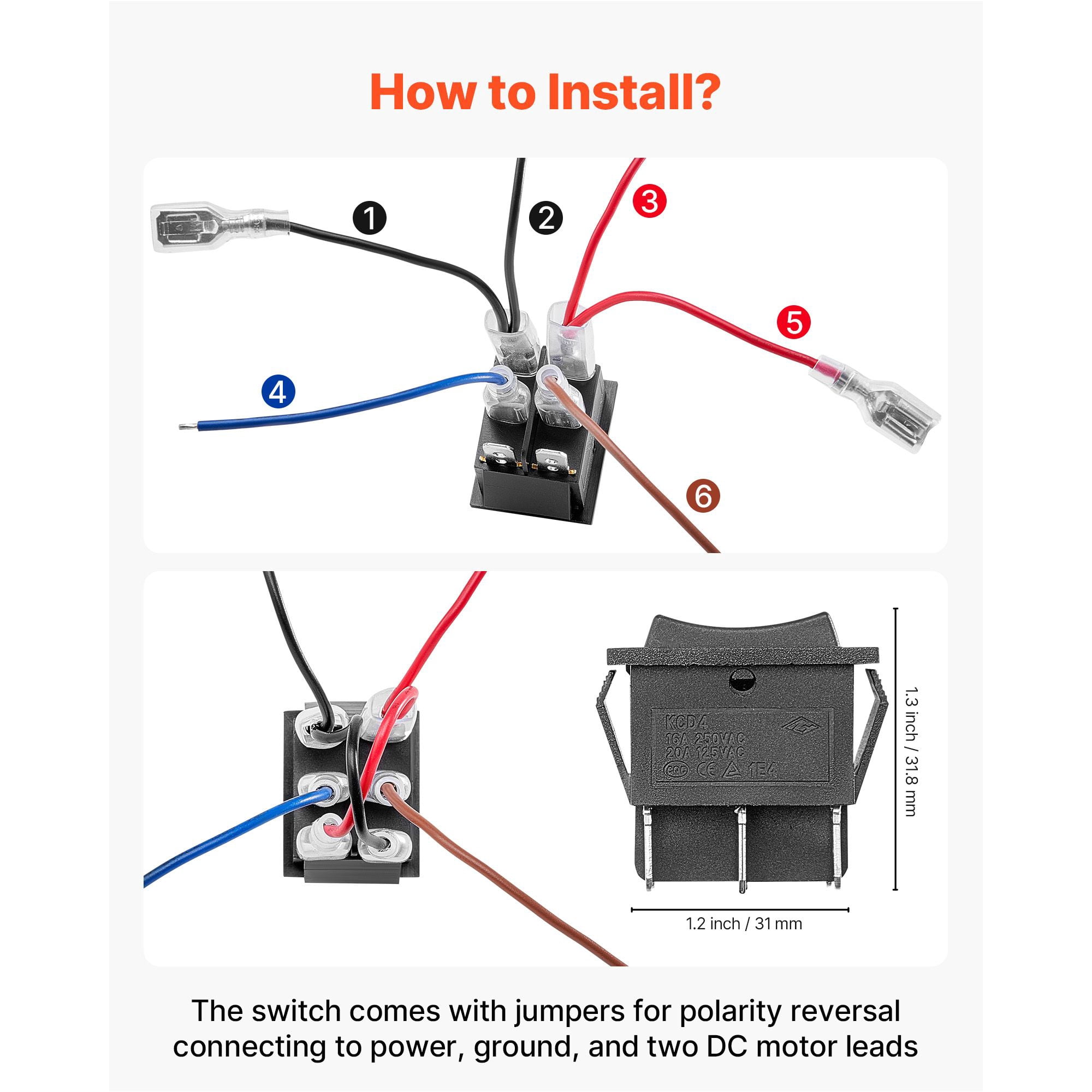 Rocker Switch, 6 Pin Momentary DPDT Rocker Switch, 3-Position (ON)-Off-(ON) Polarity Reversing Switch AC 250V/16A 125V/ 20A for Auto Car Boat Household Appliances