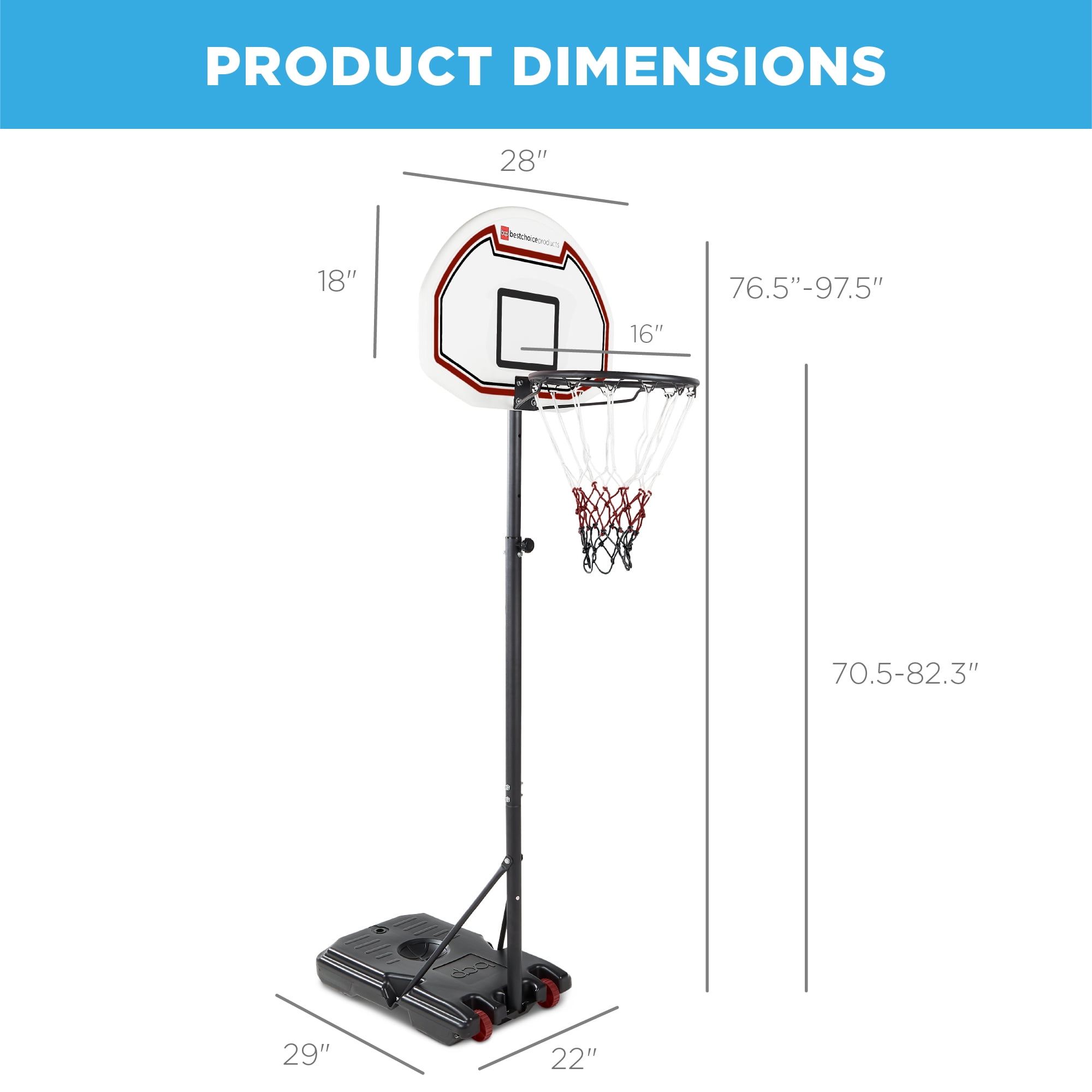 Best Choice Products Kids Height-Adjustable Basketball Hoop, Portable Backboard System w/ 2 Wheels - Dark Red/Black