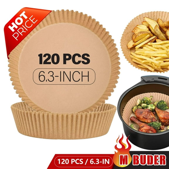 M Buder Non-Stick Disposable Water Proof Oil Resistant Air Fryer Liner, 120 Pieces, Round, Parchment Paper