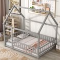 thumbnail image 2 of Full Size Floor Bed Frame Toddler with Roof and Full Length Safety Guardrails, Sturdy Pine Wood House Shaped Floor Bed Frame for Kids, Montessori Style Low Profile Bed Frame, Easy Assembly, Grey, 2 of 9