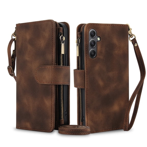 for Samsung Galaxy S22 Case Wallet for Women, Protective Cover with Card Slots and Zipper Pocket,Crossbody Detachable Shoulder & Wrist Straps, Brown/Pink/Blue