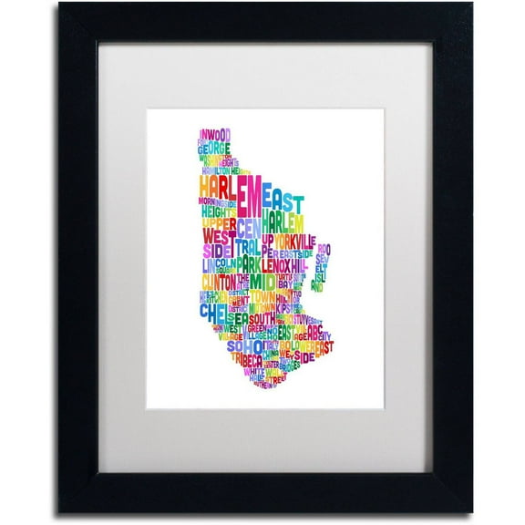 Trademark Fine Art 'Manhattan New York Typography Map' Canvas Art by Michael Tompsett, White Matte, Black Frame