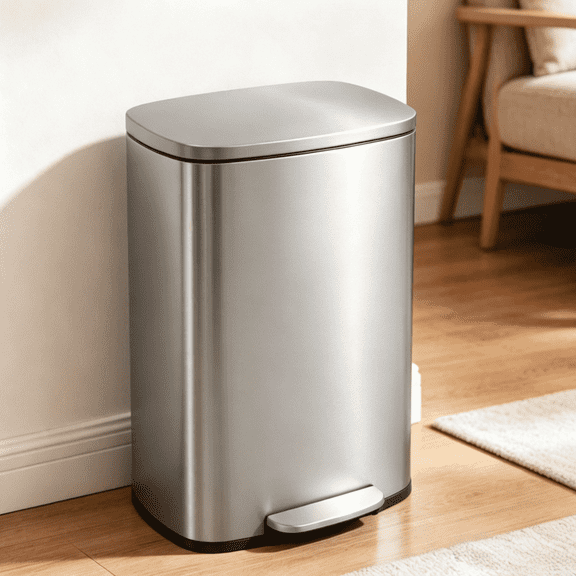 XF XINFENG 13 Gallon Step Trash Can with Lid, Stainless Steel Kitchen Garbage Can Hands-Free Foot Pedal Soft-Close Waste Bin for Home Office Bathroom Bedroom, Silver