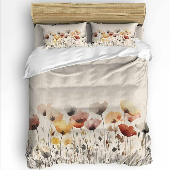 Watercolor Poppy King Size Comforter Set, Spring Flowers Retro Soft Bedding for All Seasons, 4 Pcs Bed Set with 1Comforter (90"x106") ,1 Sheet(94"x116"), 2 Pillowcases (19"x35")