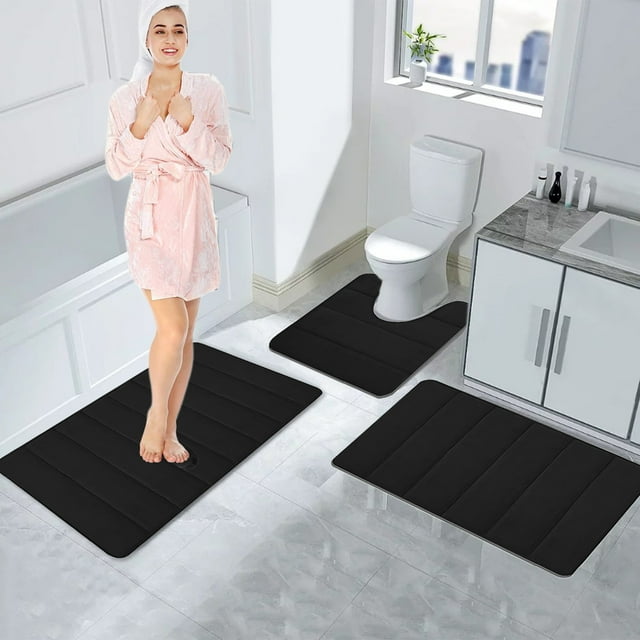 RYRDWP Memory Foam Bath Mat Set Bathroom Rugs For 3 Pcs Toilet Mats Soft Comfortable Water Absorption NonSlip ThickMachine WashableEasier To Dry Dark