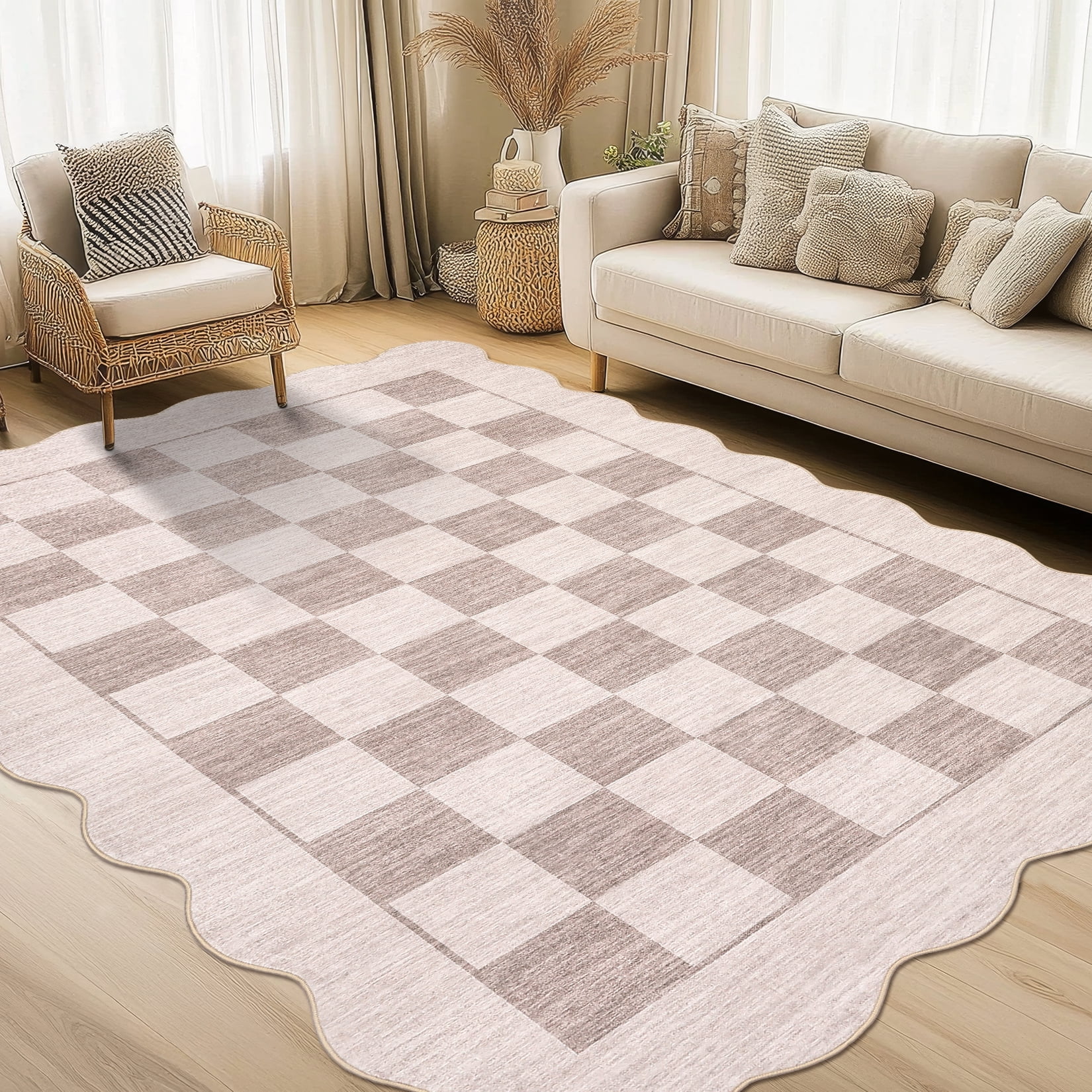 Garvee 5'x7' Scalloped Area Rugs Modern Checkered Carpet, Washable Non-Slip Rug Contemporary Floor Mats for Living Room Bedroom Dining Room, Beige Brown