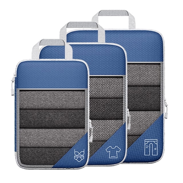 Kit de cubo de embalaje de compresión de 3 piezas, diseño de malla, visible, impermeable, portátil para viajes, uso diario, azul marino