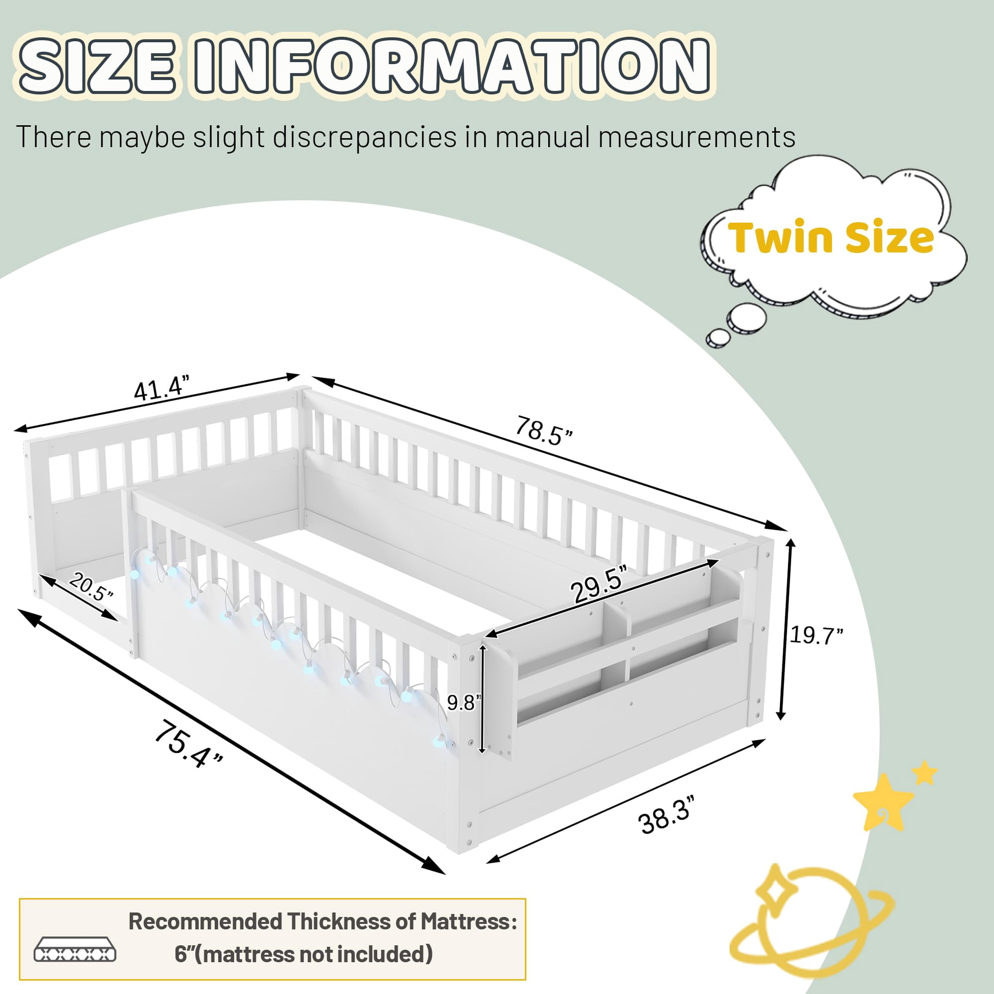 Mirightone Twin Montessori Floor Bed with Rails and Storage Shelf, Wood Floor Beds Frame with Light for Boys Girls, White