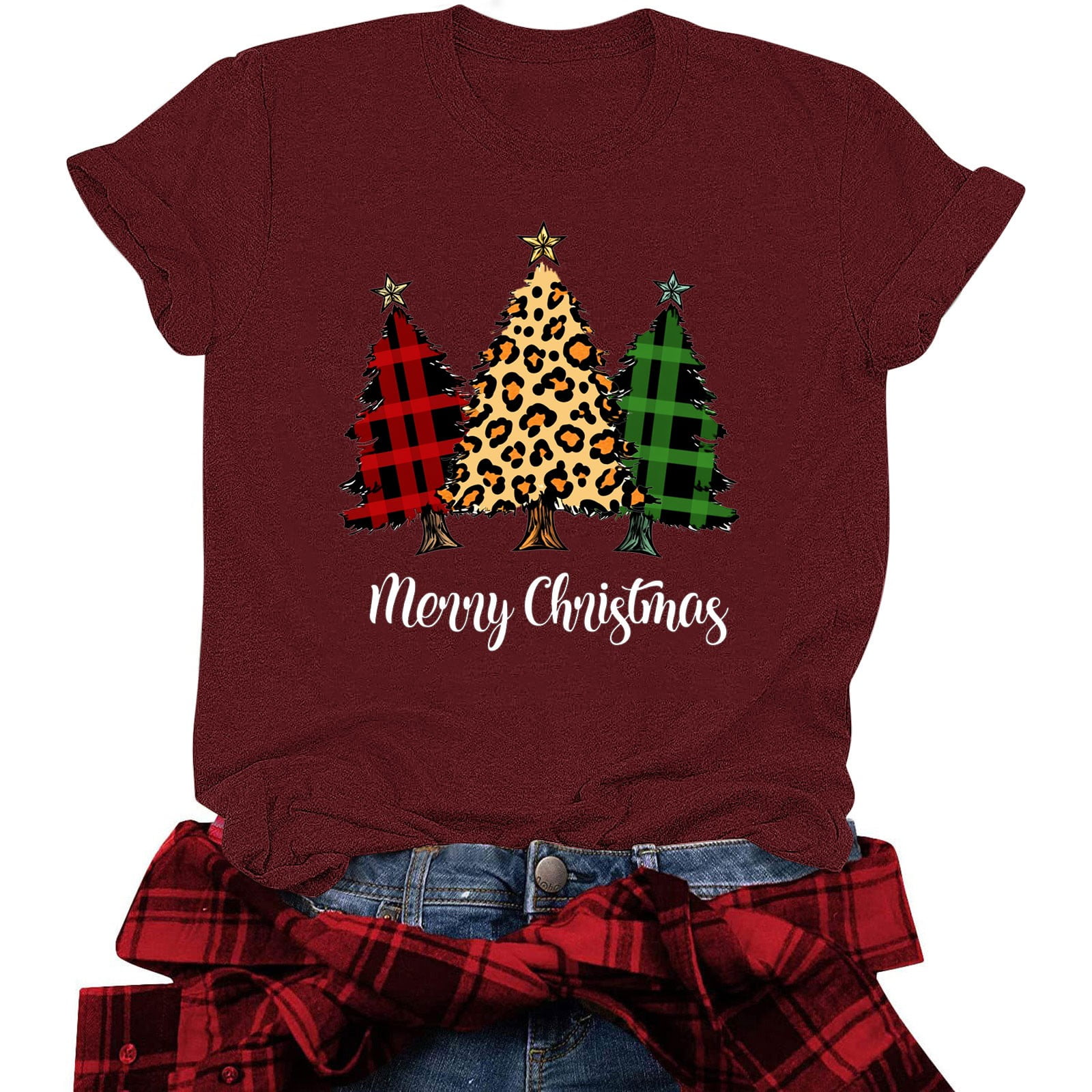 ALLTB Women's Merry Christmas T-Shirt - Leopard Plaid Print, Raglan 3/4 Sleeve Baseball Tee (Red) - View #8