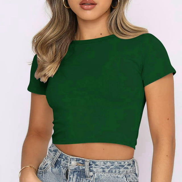 Jsaierl Hauts Courts Unis pour Femmes Été Col Rond Manches Courtes T-Shirts Ajustés Classiques Polyvalents