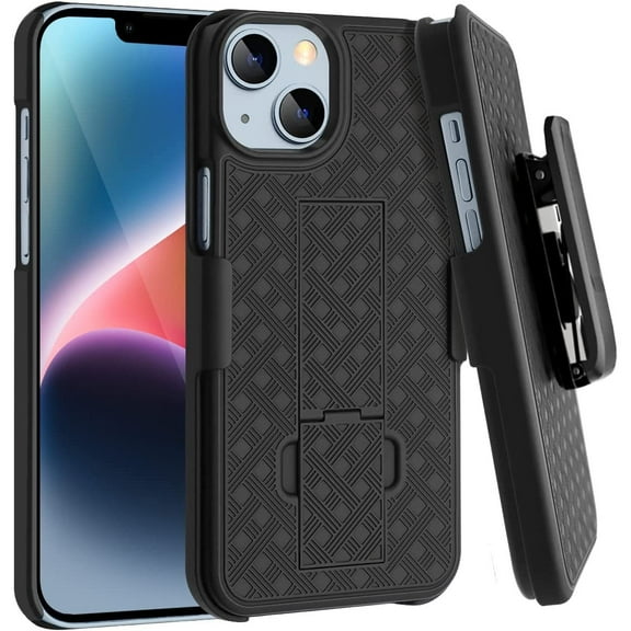 Shell Holster Kickstand Case with Spring Belt Clip for iPhone 15 - Black