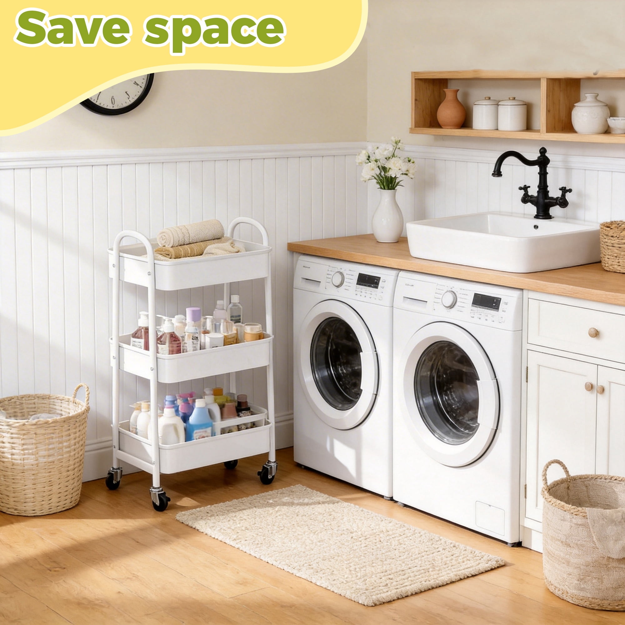 3-Tier Rolling Storage Cart, Metal Utility Organizer Cart, Metal Mesh Rolling Storage Cart with Lockable Wheels, Utility Organizer Cart for Kitchen, Bathroom, Laundry Room, Office & Narrow Spaces