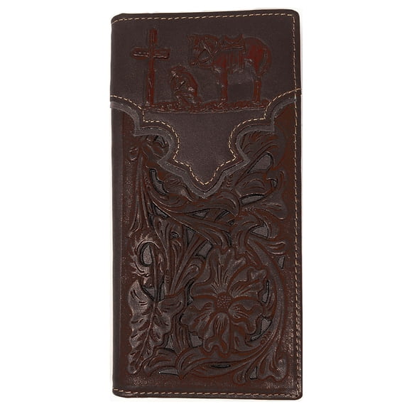 Western Genuine Leather Praying Cowboy Tooled Laser Cut Men's Long Bifold Wallet in 10 colors