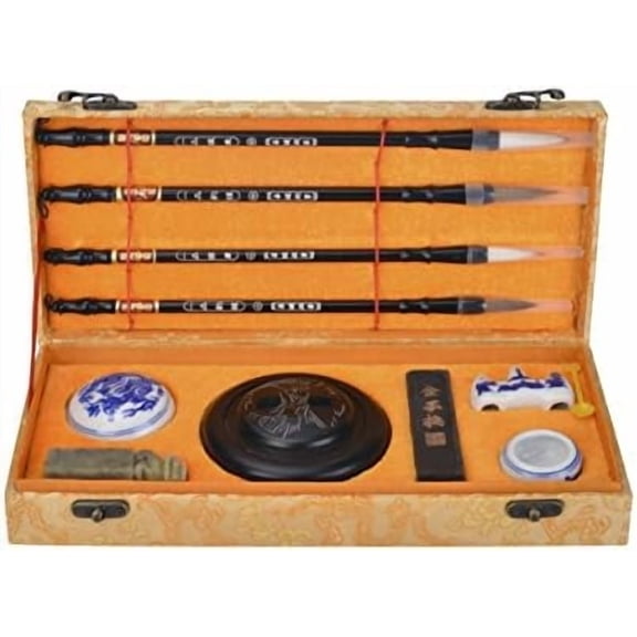 Chinese Calligraphy Set for Beginners with 4 Brushes, Ink Stone, Ink Stick,  Ink Paste, Seal, Porcelain Water Bowl, Brush Holder, Calligraphy Kits for Beginners and Sumi Painting$$Art & Craft
