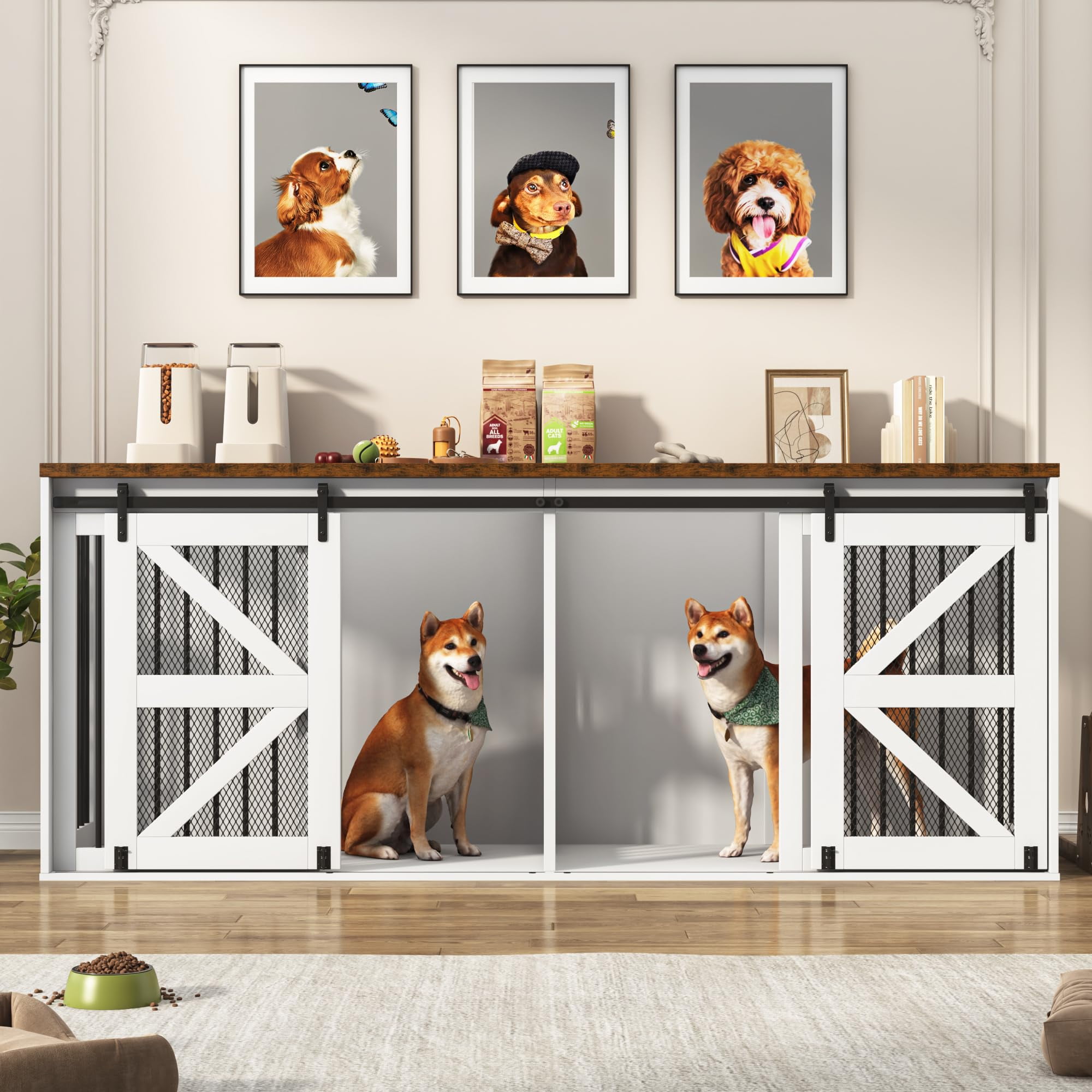 Blotout 87" Large Farmhouse Dog Crate TV Stand, Wooden Dog Crate Furniture with with Divider Panel/Sliding Metal Mesh Barn Door, XL-XXL Heavty Duty Dog Crates Furniture for 2 Medium or Large Dogs