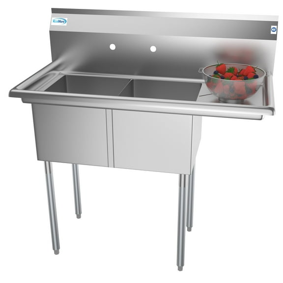 KoolMore 43 in. Two Compartment Stainless Steel Commercial Sink with Drainboard, Bowl Size 12"x 16"x 10"