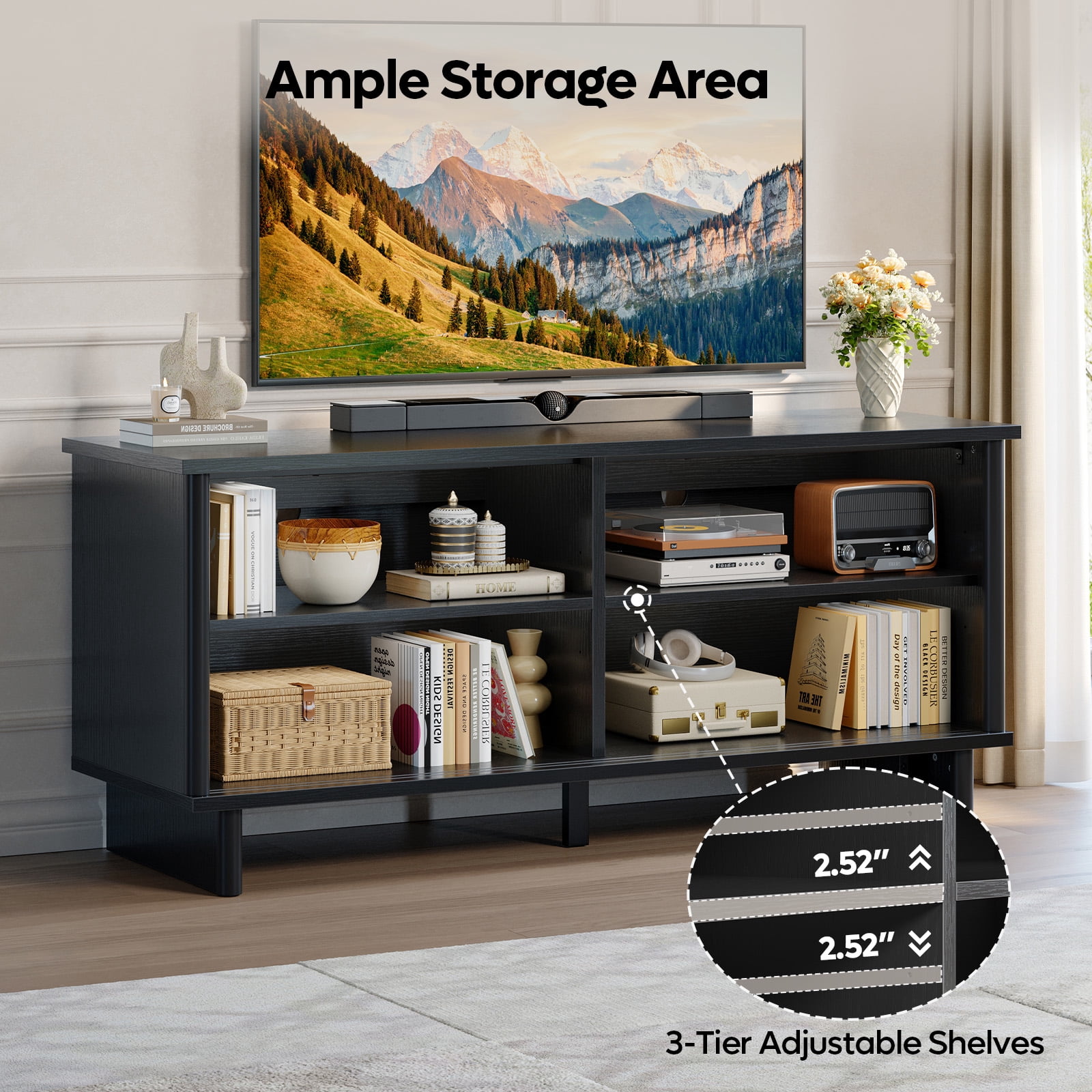 Bestier Fluted TV Stand for 65 inch TVs,Entertainment Center with 4-Sliding Doors,Height Adjustable Shelves,Media Console Table with Cable Management, TV Cabinet for Living Room,Black