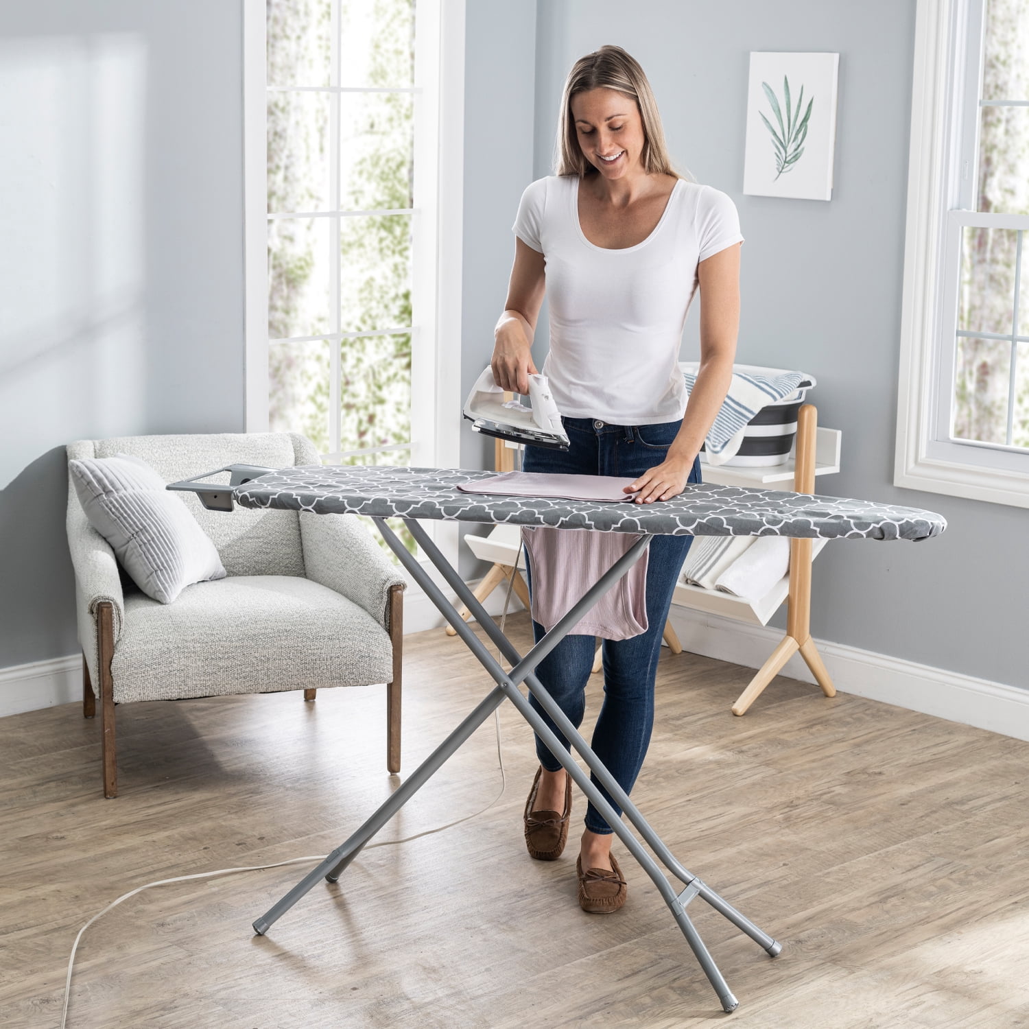 Seymour Home Products Adjustable Height, 4 Leg Ironing Board with Mesh Top and Iron Rest, Gray Lattice