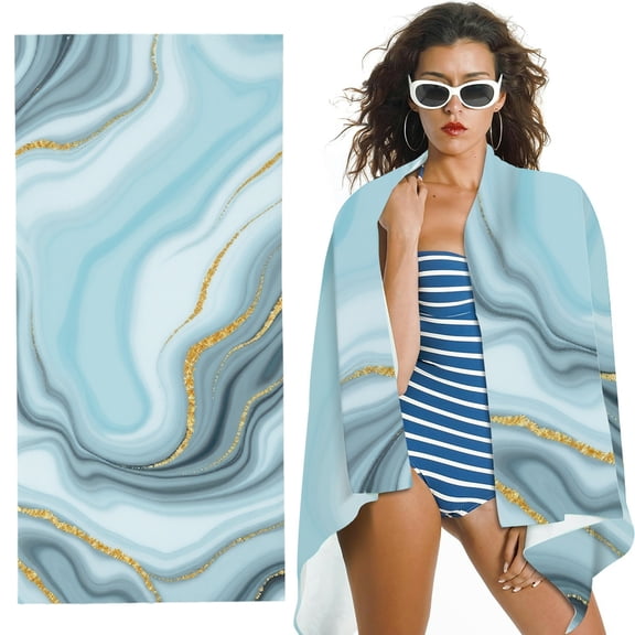RKSupls Light Blue Gold Marble Microfiber Beach Towel, Extra Large Quick Dry Lightweight Absorbent Towel for Travel Swimming Camping, Soft Super Absorbent- 30x60 in