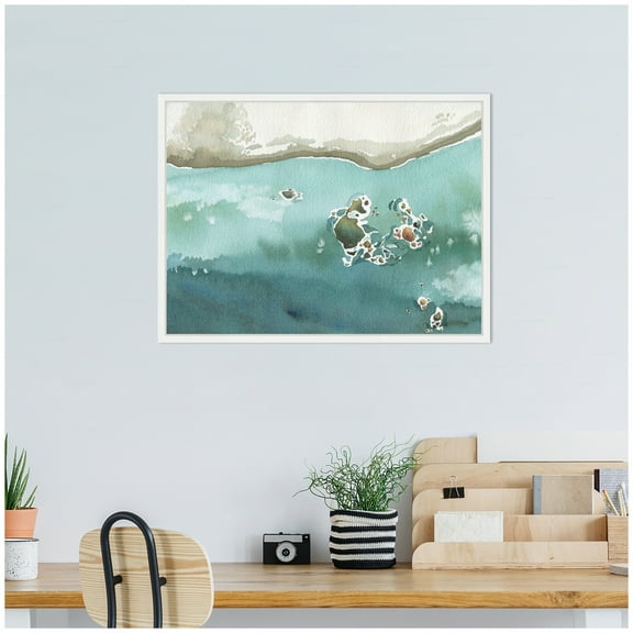 Kate and Laurel Rocky Shores Framed Canvas Wall Art  by Janet Meinke Lau 24 x 18 Sylvie White, Coastal, Landscapes, Abstract Art for Wall Decor, Living Room Bedroom