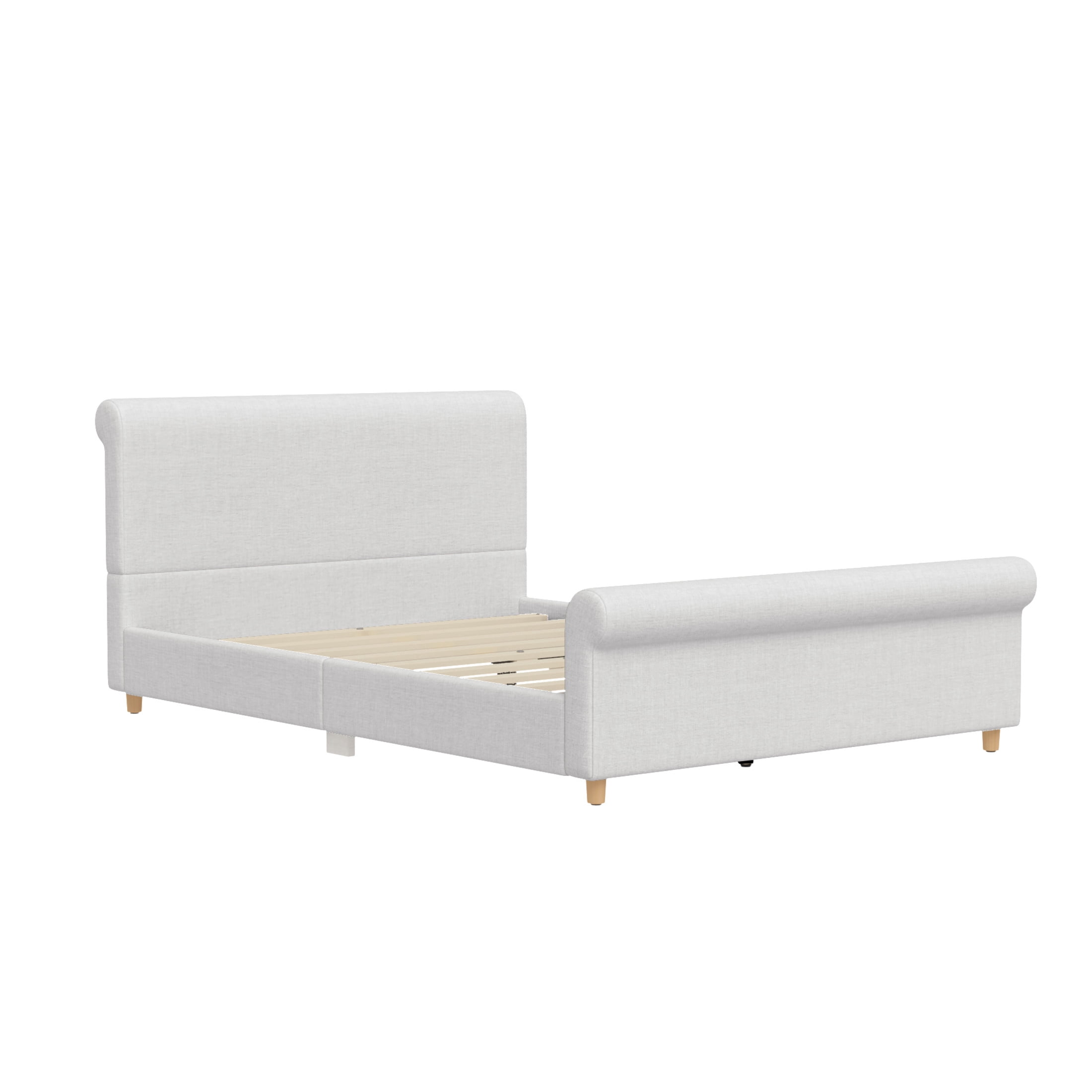 GDF Studio Flora Queen Size Upholstered Sleigh Bed Frame with High Headboard, Solid Wood Legs & Slats Support, Beige