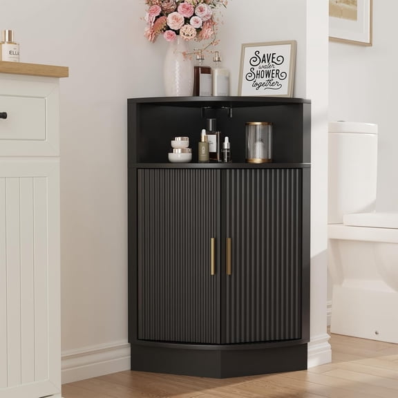 Corner Bathroom Cabinet, Modern Small Corner Cabinet with Fluted Door and Open Shelf, Space Saver for Bathroom, Living Room, Kitchen, Black
