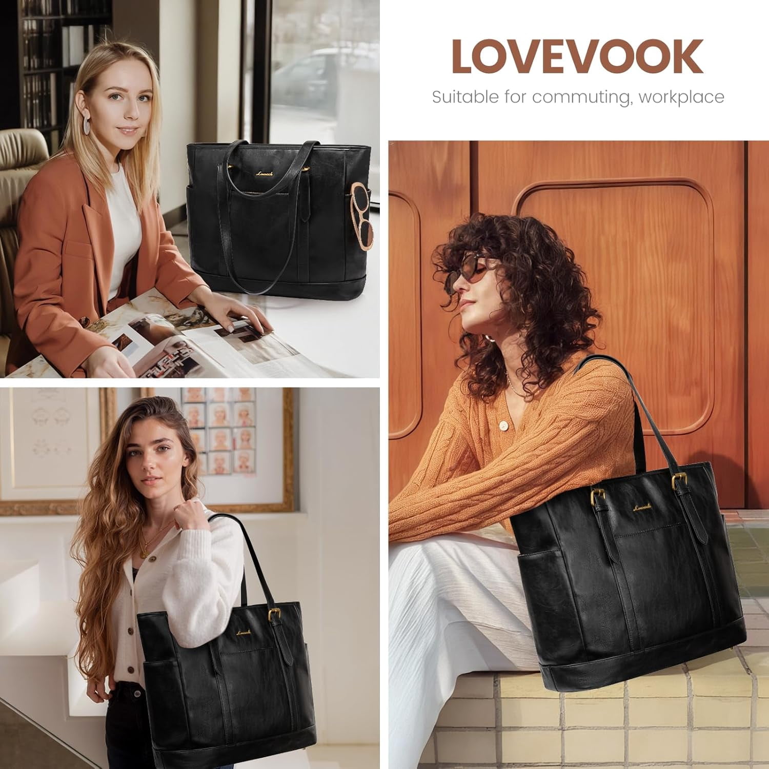 LOVEVOOK Laptop Tote Bag for Women,Vintage Leather Work Tote Bag for Women, 15.6 Inch Computer Briefcase Bag,Waterproof Teacher Business Office