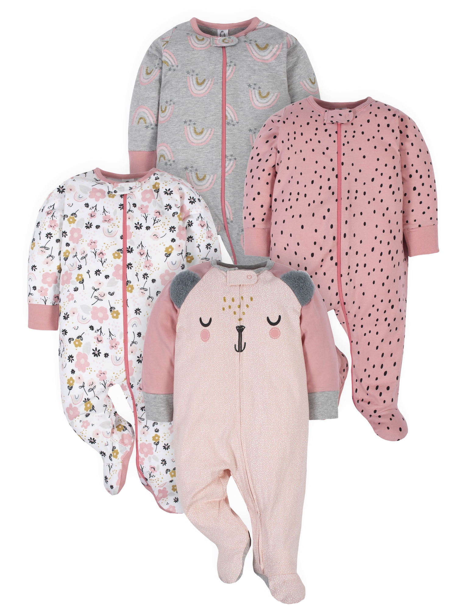 Gerber Baby Girl Sleep 'N Play Footed Pajamas, 4Pack