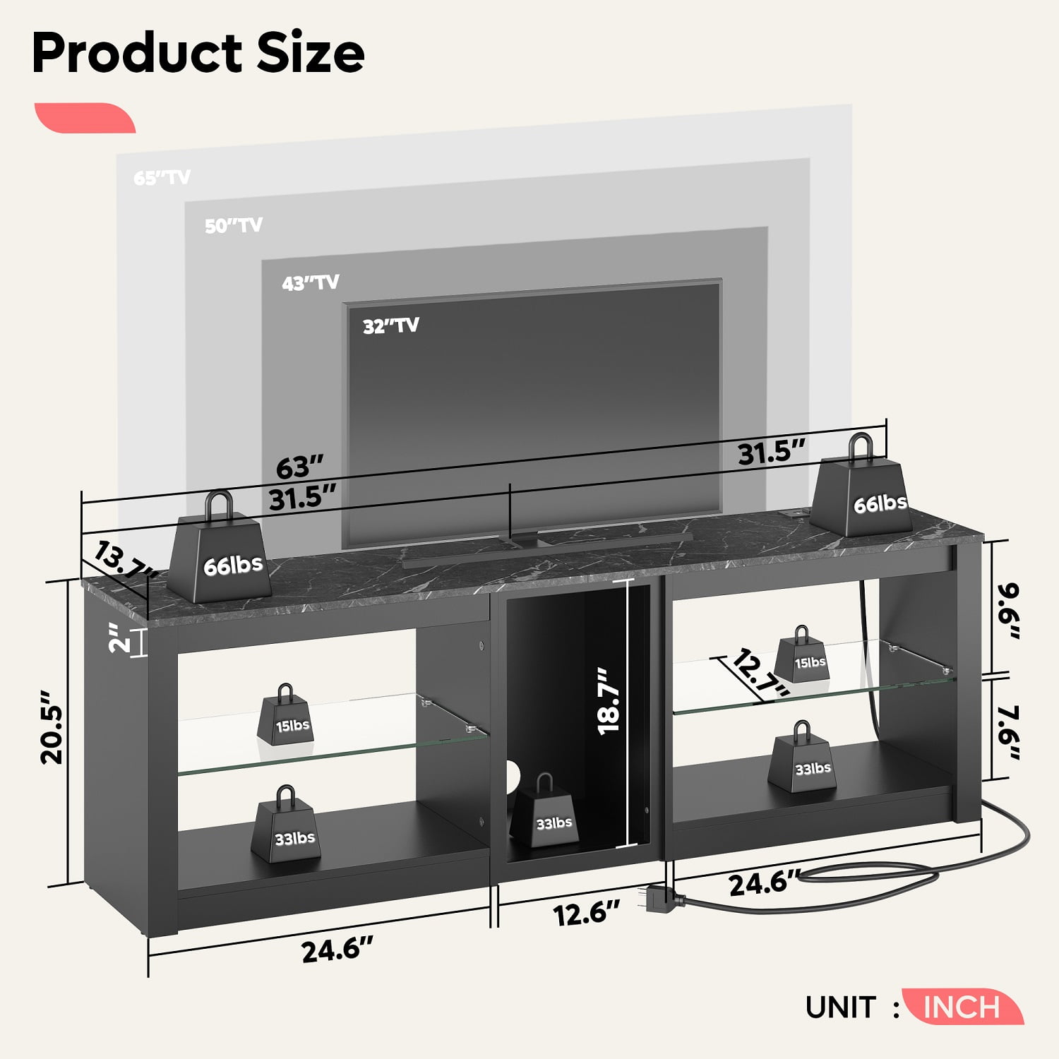 Bestier Modern TV Stand for 70" TV with Power Outlets, LED Entertainment Center for PS5, Black Marble