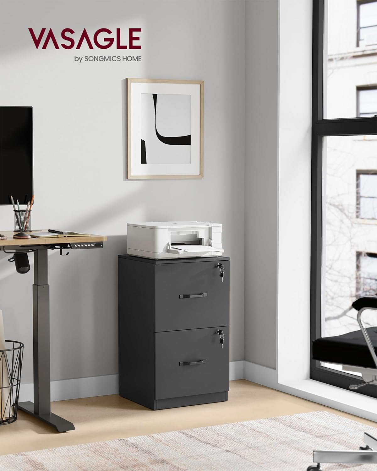 VASAGLE 2-Drawer Vertical File Cabinet Filing Cabinet Printer Stand Adjustable Hanging Rail for A4 and Letter-Size Files Ink Black