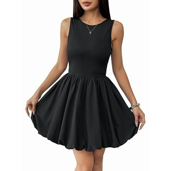 Dresses for Women Casual Sleeveless Backless Crew Neck Tank Mini Short Dress Bubble Sundress Black XL