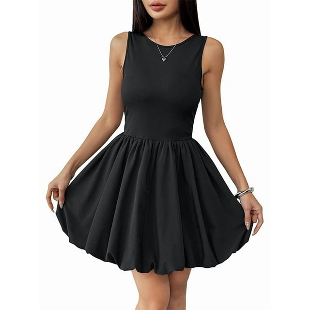 Robes pour Femmes Décontractées Sans Manches Dos Nu Col Rond Débardeur Mini Courte Robe Robe d'Été Bouffante Noir G