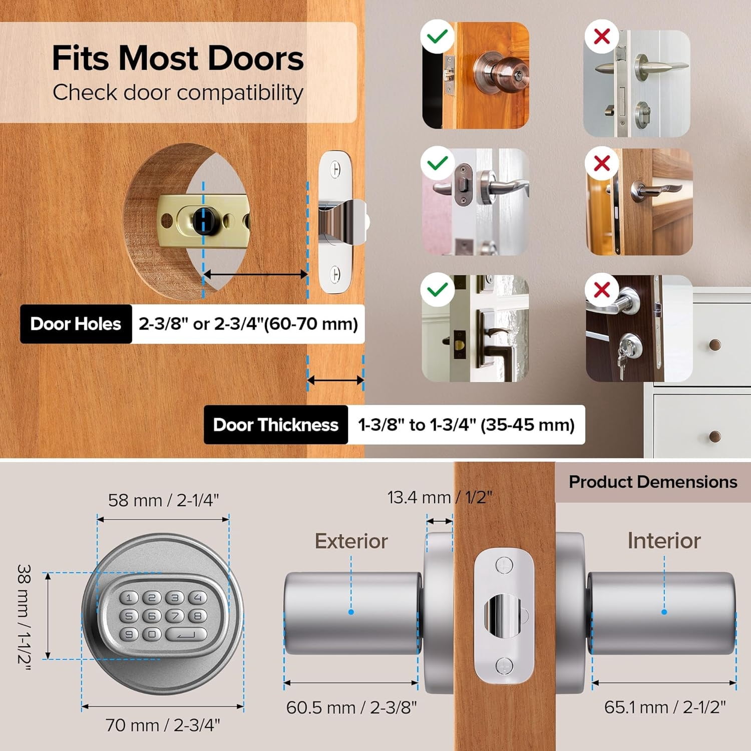 Keyless Entry Door Lock, Fingerprint Door Lock with Keypad Biometric Door Knob, Auto-Lock for Interior Doors Thickness up to 2-1/4", Bedroom, Home Office, Garage, 4xAA Alkaline