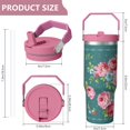 thumbnail image 4 of 30oz Pioneer Colorful Floral Stainless Steel Flip Straw Tumbler with Lid and Straw Spill Proof Travel Cup Double Wall Vacuum Insulated Coffee Mug with Top Handled Pink, 4 of 7